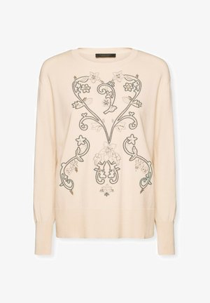 Cremefarvet langærmet sweater med rund hals og indviklet grå og beige blomsterbroderi på forsiden.