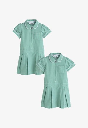 Dos vestidos escolares de manga corta a cuadros verdes y blancos, con cuellos, cremalleras delanteras y bolsillos en el pecho con pequeños lazos.