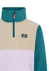 Fleece pullover met hoge kraag, in beige, lavendel en teal kleuren. Voorzien van een halve rits en een logopatch. Zachte textuur.