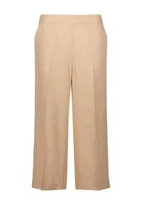 Beige wide-leg trousers with a flat waistband, pleated front, and lightweight fabric, featuring a smooth texture and minimalist design.