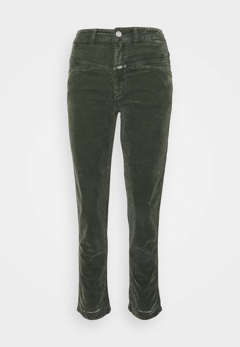 Pantalons en velours côtelé vert foncé avec une coupe ajustée, dotés d'une fermeture à bouton, de cinq poches et d'une longueur coupée au niveau de la cheville avec un détail de logo à l'ourlet.
