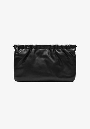 Bolso de mano negro de piel suave con parte superior recogida y esquinas inferiores redondeadas, sin asas ni adornos visibles.