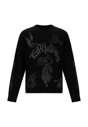 Maglione nero a coste con grafiche argentate, tra cui design di animali e scritte, collo rotondo e maniche lunghe.