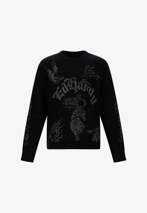 Maglione nero a coste con grafiche argentate, tra cui design di animali e scritte, collo rotondo e maniche lunghe.