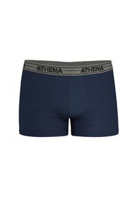 Shorts boxers bleu marine en tissu doux, avec une ceinture élastique grise arborant le logo "ATHENA" en noir. Design simple et ajusté.