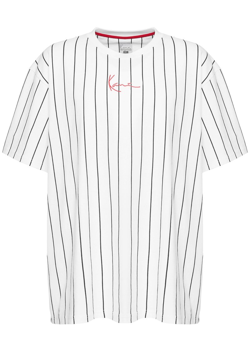 White t-shirt with black vertical stripes, round neckline, and short drop sleeves. Features red logo embroidery on the front.