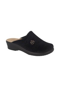 Zoccoli neri senza lacci realizzati in morbido suede con una finitura testurizzata, caratterizzati da un tacco a zeppa basso e un accento metallico decorativo.