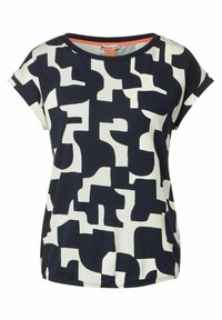 Mörkblå kortärmad topp med ett iögonfallande vitt abstrakt mönster, rund halsringning och mjukt tyg med en något avslappnad passform.