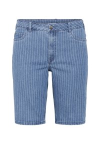 Zils denims šorti ar vertikālām baltām līnijām, piecām kabatām, pogu aizdari un taisnu kāju dizainu.