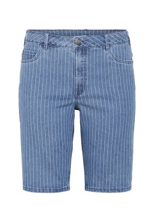 Shorts din denim albastru, cu dungi verticale albe, cinci buzunare, închidere cu nasture și croială dreaptă.