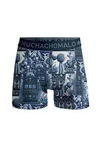 Férfi boxer nadrág kék és krém színű földönkívüli témájú mintával, puha, „MUCHACHO MALO” felirattal ellátott rugalmas derékszíjjal, pamut keverék anyagból.