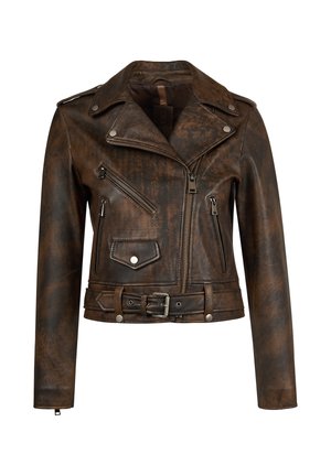 Braune, abgenutzte Leder-Motorradjacke mit asymmetrischem Reißverschluss, silberner Hardware, Reißverschlusstaschen, Klappentasche und verstellbarem Taillengürtel.