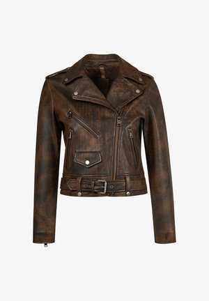 Braune, abgenutzte Leder-Motorradjacke mit asymmetrischem Reißverschluss, silberner Hardware, Reißverschlusstaschen, Klappentasche und verstellbarem Taillengürtel.