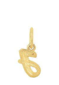 Pendiente de oro con un encanto en forma de letra "b" minúscula estilizada. Superficie texturizada con un lazo de sujeción para un uso seguro.