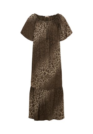 Brun leopardprintet off-shoulder midi-kjole med korte puffede ærmer og flæsekant, designet til en løs pasform.