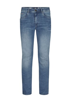 Lyseblå denimjeans med lige ben, der har fem lomme-design, diskret falmning og en mærkebånd i taljen.