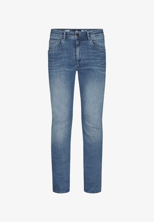 Jeans din denim de culoare albastră deschisă, cu croială dreaptă, având un design cu cinci buzunare, ușor decolorate și un brâu cu marcaj.