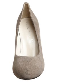 Beige suede high-heeled shoe with a rounded toe and smooth interior. Features a sleek silhouette and subtle embossed branding inside.
