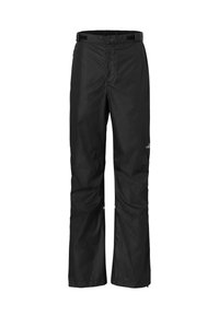 Zwarte waterdichte outdoorbroek van lichtgewicht materiaal, met een elastische tailleband, ritszakken en een recht gesneden ontwerp.