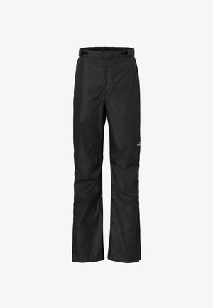 Black waterproof outdoor pants made of lightweight material, featuring an elastic waistband, zipper pockets, and a straight leg design.