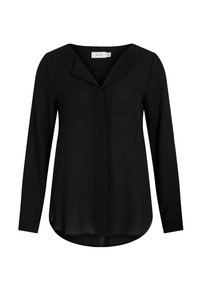 Blouse noire à manches longues en tissu léger avec un décolleté en V et un ourlet arrondi, présentant un léger éclat et un minimum de détails.