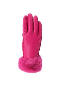 Guanto in pelle rosa brillante con dettagli cuciti e polsino in pelliccia soffice, mostrato piatto con le dita distese su sfondo bianco.