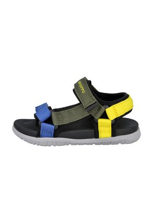 Sandalia negra con correas de tela ajustables en azul, verde y amarillo y una suela gris, diseñada para uso casual al aire libre.