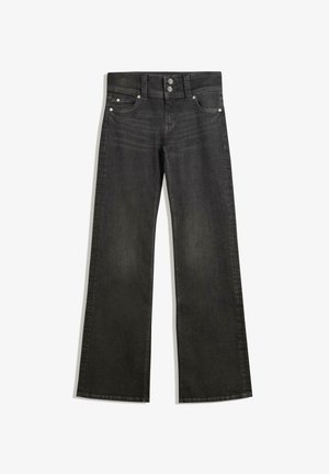 Jean large en denim noir avec une taille ajustée, présentant des coutures visibles, deux poches avant et des éléments en métal argenté sur les boutons.