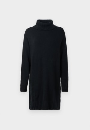 Schwarzer Strickrollkragensweater mit langen Ärmeln, gerippten Bündchen und Saum, der eine lockere Passform und eine weiche, glatte Textur bietet.
