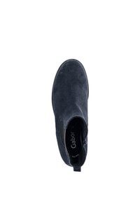 Black suede ankle boot with a smooth texture, rounded toe, elastic side panels, and a low heel. Features a pull tab for easy wear.