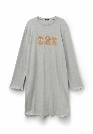 Vestido de manga larga gris claro con tres suaves diseños de ositos de peluche marrones en el pecho, cada uno mirando en diferentes direcciones y llevando pequeños lazos.