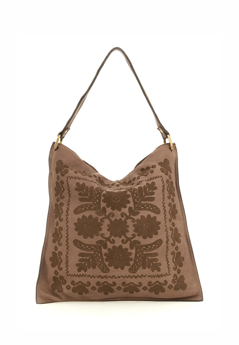 Borsa hobo in suede marrone con motivo floreale ricamato, hardware dorato e una sola tracolla. Texture morbida e forma rilassata.