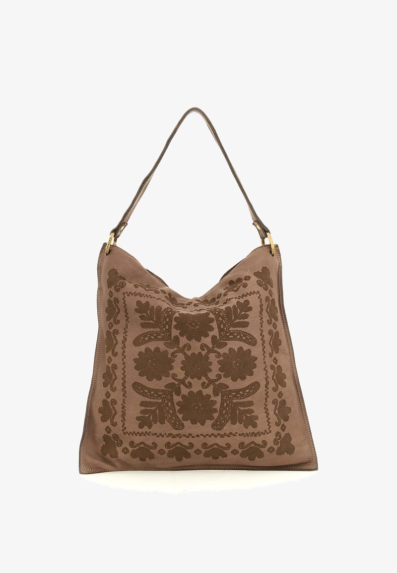 Borsa hobo in suede marrone con motivo floreale ricamato, hardware dorato e una sola tracolla. Texture morbida e forma rilassata.