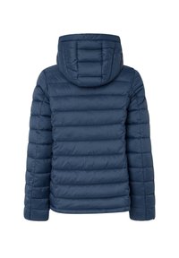 Mornarsko modra puffer jakna s kapuco, ki vključuje horizontalno prešito teksturo, gladko površino in elastične manšete. Zadnji pogled ne prikazuje vidnih delov.