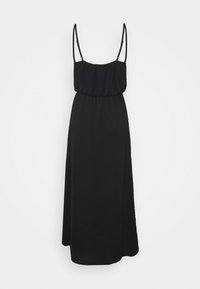 Černé maxi šaty s tenkými ramínky, elastickým pasem a volným střihem. Vyrobeny z lehké tkaniny s hladkou strukturou a bez vzorů.