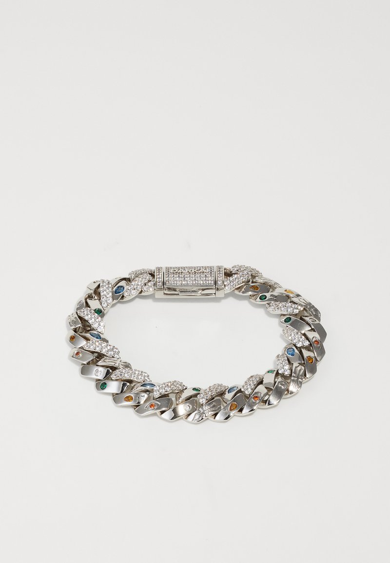 Silver chain bracelet with alternating links of small clear crystals and colored gemstones in blue, green, orange, and yellow.