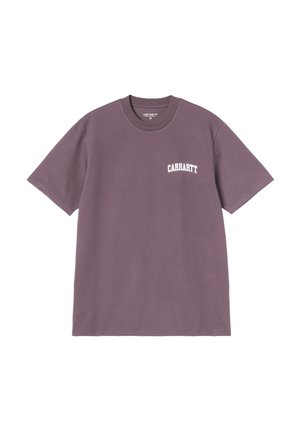 Camiseta Carhartt de manga corta y cuello redondo en color morado con texto del logo blanco en el pecho izquierdo, talla mediana.