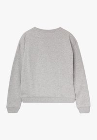 Szary sweatshirt, wykonany z miękkiego materiału, charakteryzuje się okrągłym dekoltem, długimi rękawami, prążkowanymi mankietami i dolną krawędzią, ma gładką fakturę i nie zawiera grafik.
