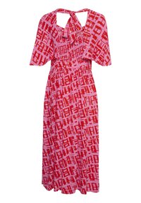 Red and pink patterned dress with short flutter sleeves, smocked bodice, and a tie back neckline. Made of lightweight fabric.