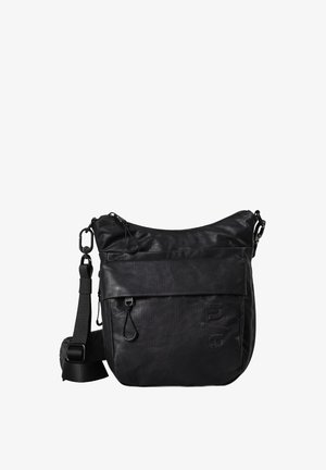 Schwarze Schultertasche aus strukturiertem Stoff, mit einem durch Reißverschluss verschlossenen Hauptfach und einer Fronttasche mit Druckknopfverschluss, verstellbarem Tragegurt.