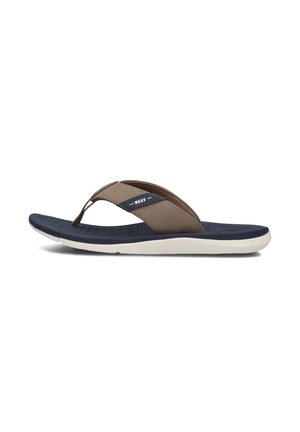 Flip-flop sandaal met een bruine synthetische bovenkant, een marineblauwe voetbed en een witte zool met textuur voor grip. Inclusief gespleten teendesign en logo-detail.