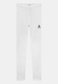 White leggings made of a smooth fabric. Features an elastic waistband and a small black logo on the left thigh. Fitted design, ankle length.