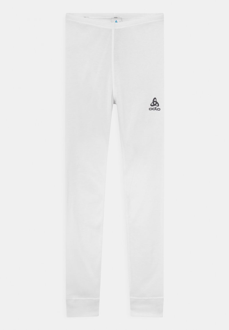 White leggings made of a smooth fabric. Features an elastic waistband and a small black logo on the left thigh. Fitted design, ankle length.