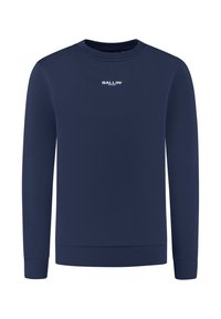 Marineblauwe sweater met ronde hals en lange mouwen, met een centraal op de borst geplaatst logo in witte letters met de tekst "BALLIN'".