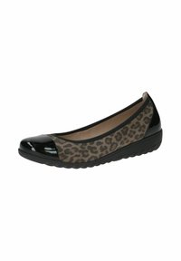 Ballerine in vernice nera con punta a cappuccio e tessuto stampato leopardato, suola in gomma flessibile e design elegante.