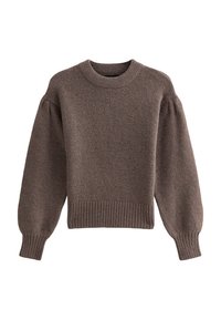 Suéter marrón de punto con cuello redondo, mangas largas y dobladillo acanalado. El material parece suave y texturizado, con ligeras variaciones de color.