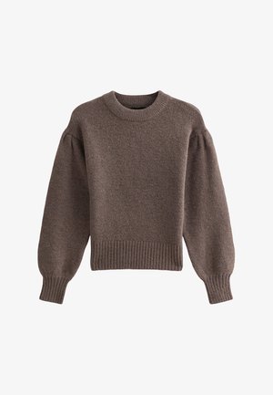 Maglione marrone a maglia con colletto rotondo, maniche lunghe e orlo a costine. Il materiale sembra morbido e texturizzato, con sottili variazioni di colore.