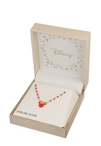 Collana in argento sterling con finitura dorata, pendente di Topolino rosso e piccole perline rosse sulla catena, presentata in una scatola regalo beige Disney.
