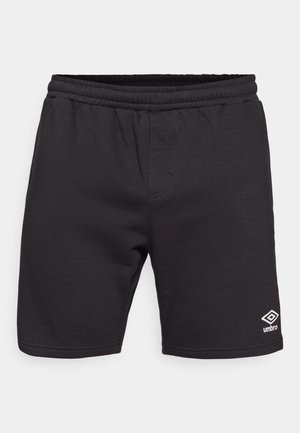 Black athletic shorts made from soft fabric, featuring an elastic waistband and a small white logo on the lower left leg.
