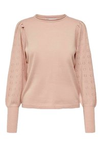 Suéter rosa claro con cuello redondo acanalado, que presenta mangas largas abullonadas y un patrón texturizado similar a encaje a lo largo de las mangas.
